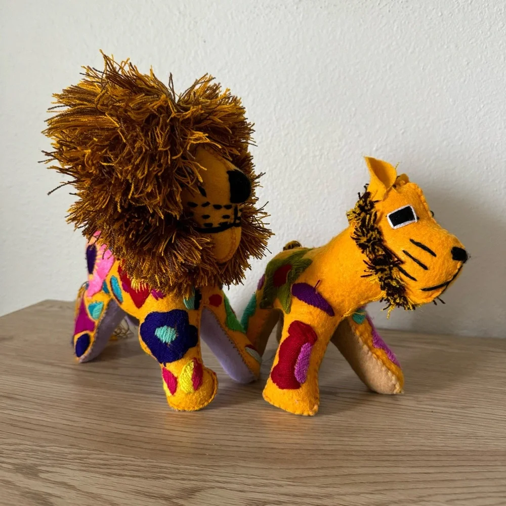 Mexican Folk Art Handmade Lion &‎ Cub Colorful Stuffed Animals Embroidered Plush